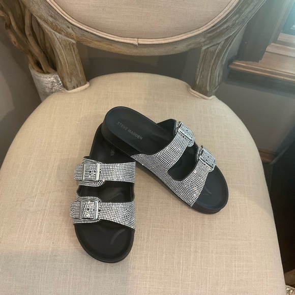 Steve Madden Black Rhinestone Double Strap Sandals - Picture 2 of 6